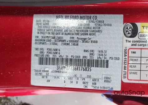 2006 Ford Fusion Se z USA, uszkodzony, nr VIN 3FAFP07136R176835